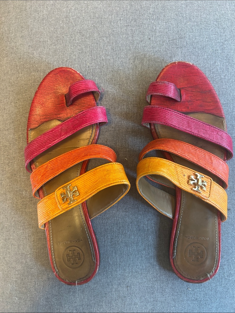 Tory Burch Multicolor Leather Triple-Strap Slide Sandals - Red, Orange, Yellow